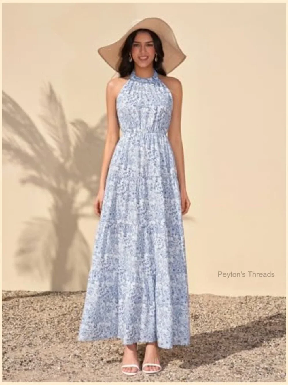 Halter Boho Maxi Dress with Floral Print - A-Line Flowy Tiered for Wedding - Picture 3 of 6